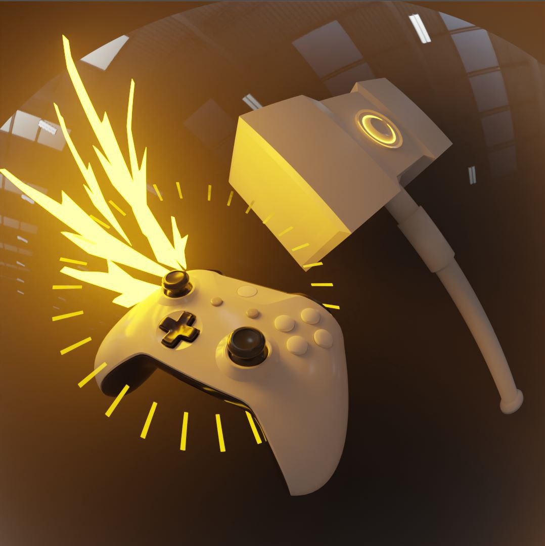 A hammer is hitting a gaming controller